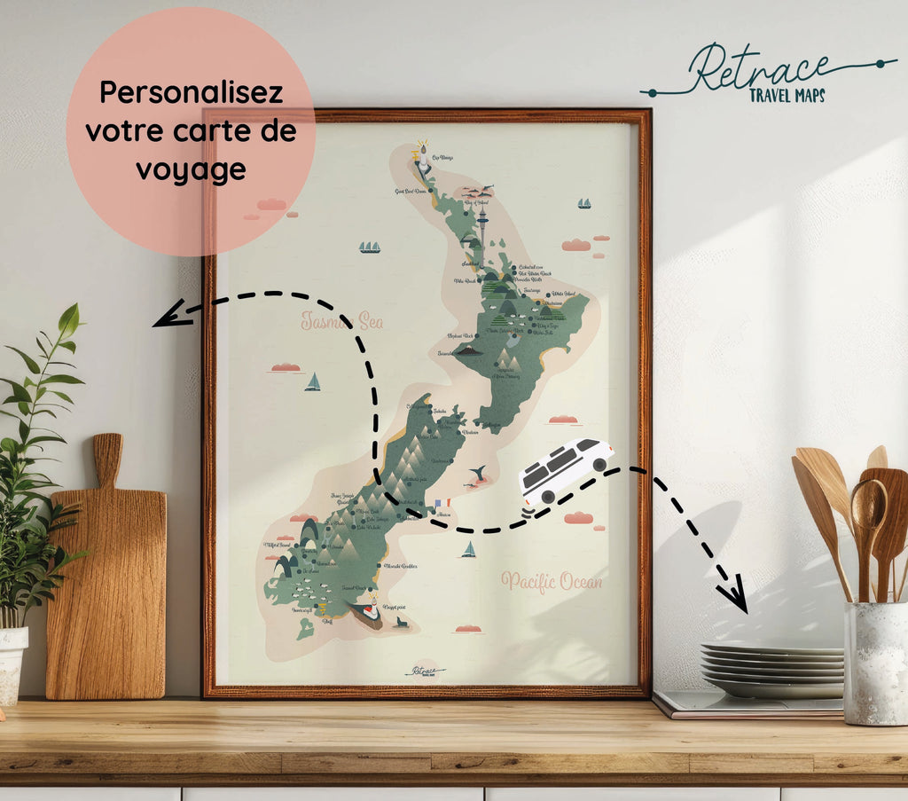 Carte personnalisée voyage en Nouvelle-Zélande